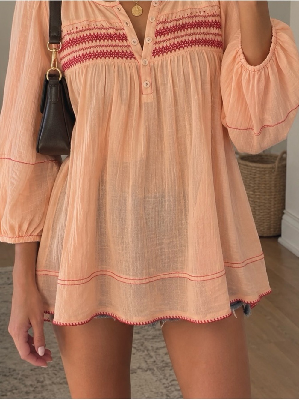 NWT Free People Dylan Smocked Tunic in Tropical Peach Combo